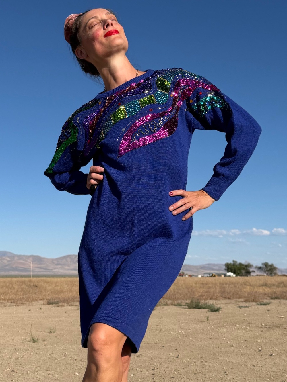Vintage Diana Marco Royal Blue Long-Sleeve Sequin Embellished Knit Dress
